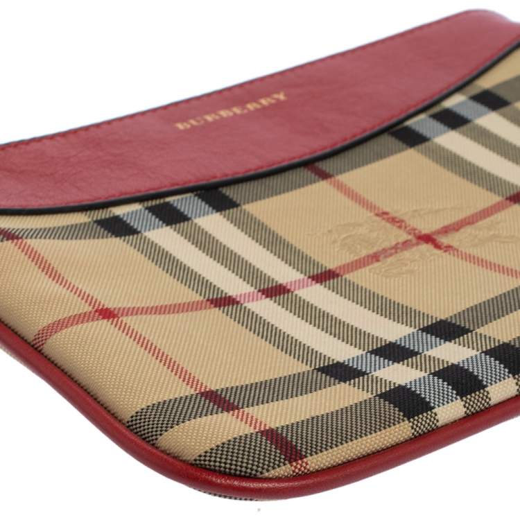 Pre Owned Burberry Red Haymarket Check Canvas and Leather Paige Wristlet Clutch