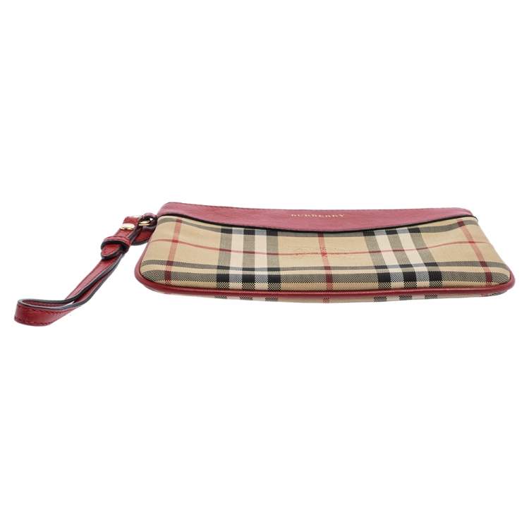 Pre Owned Burberry Red Haymarket Check Canvas and Leather Paige Wristlet Clutch