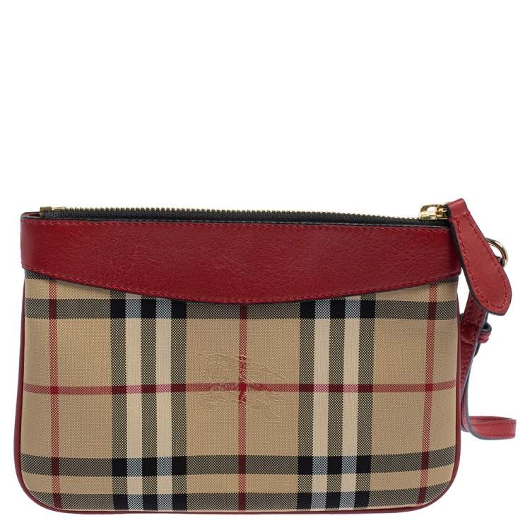 Pre Owned Burberry Red Haymarket Check Canvas and Leather Paige Wristlet Clutch