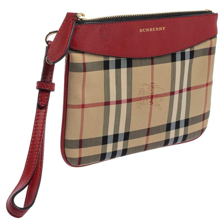 Pre Owned Burberry Red Haymarket Check Canvas and Leather Paige Wristlet Clutch