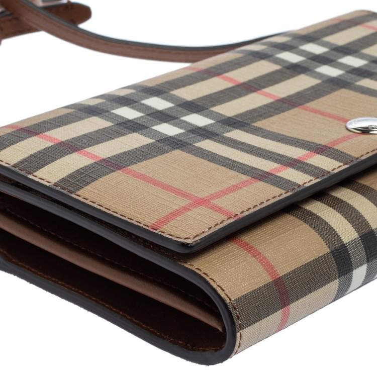 Pre Owned Burberry Malt Brown Vintage Check PVC Hannah Wallet On Strap