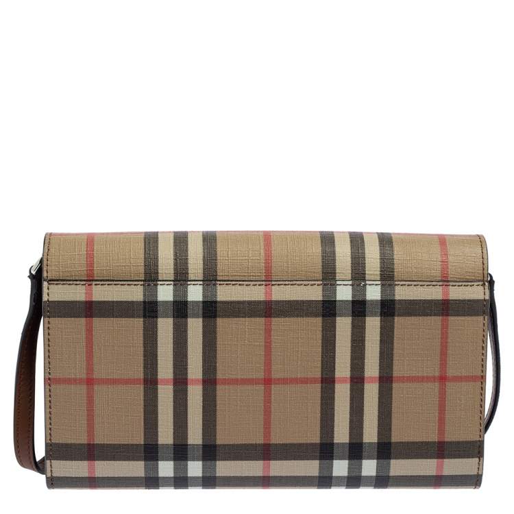 Pre Owned Burberry Malt Brown Vintage Check PVC Hannah Wallet On Strap