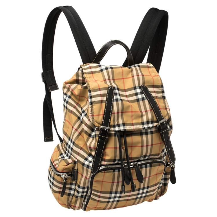 Pre Owned Burberry Antique Yellow Vintage Check Nylon Large Rucksack Backpack