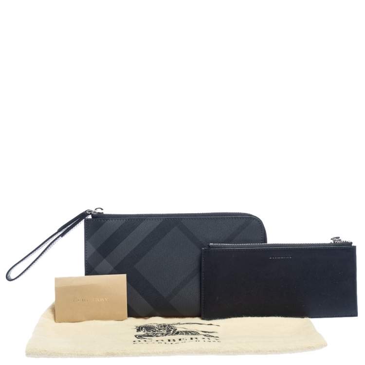 Pre Owned Burberry Charcoal Check Coated Canvas Zip Around Nolan Wristlet Wallet