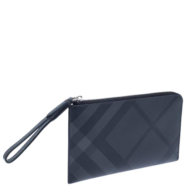 Pre Owned Burberry Charcoal Check Coated Canvas Zip Around Nolan Wristlet Wallet