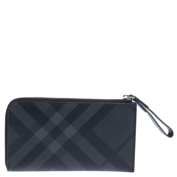 Pre Owned Burberry Charcoal Check Coated Canvas Zip Around Nolan Wristlet Wallet