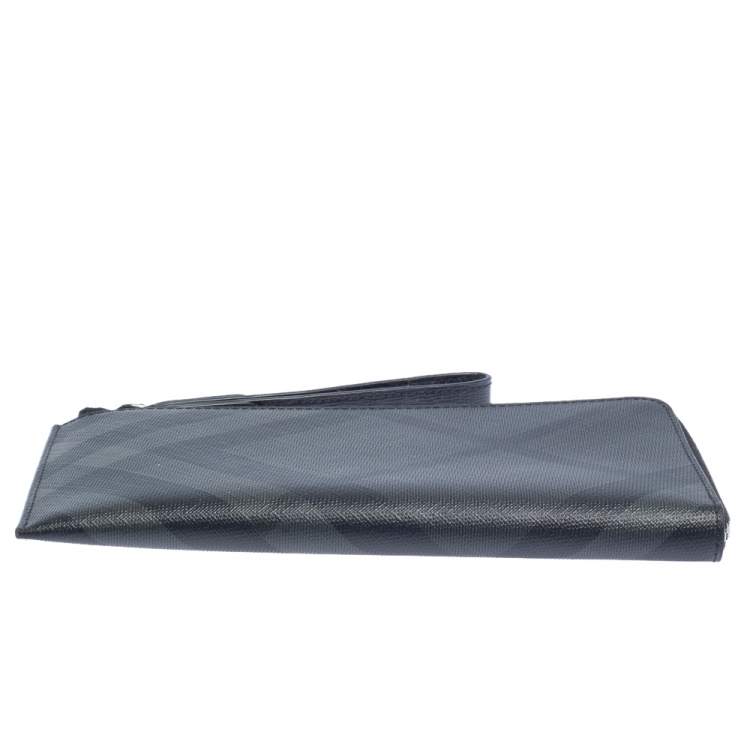 Pre Owned Burberry Charcoal Check Coated Canvas Zip Around Nolan Wristlet Wallet