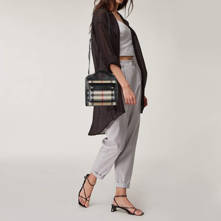 Pre Owned Burberry Black/Beige Latticed Leather Tote