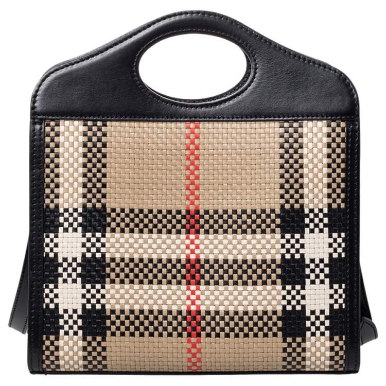 Pre Owned Burberry Black/Beige Latticed Leather Tote