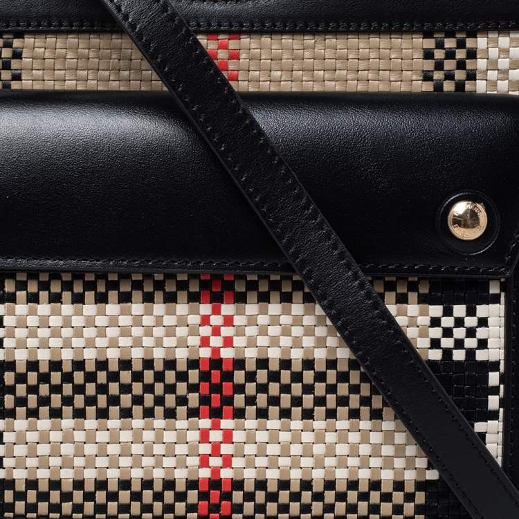 Pre Owned Burberry Black/Beige Latticed Leather Tote