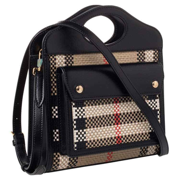 Pre Owned Burberry Black/Beige Latticed Leather Tote