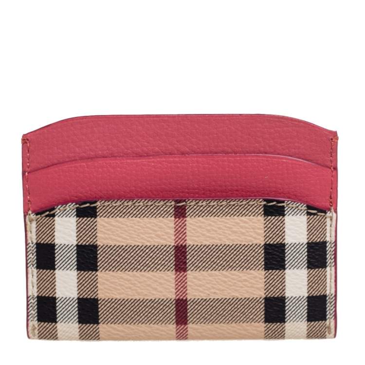 Pre Owned Burberry Pink/Beige Haymarket Check Coated Canvas and Leather Izzy Card Holder