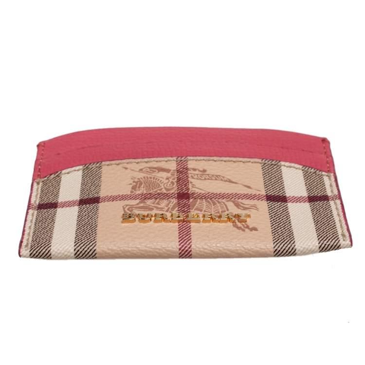 Pre Owned Burberry Pink/Beige Haymarket Check Coated Canvas and Leather Izzy Card Holder