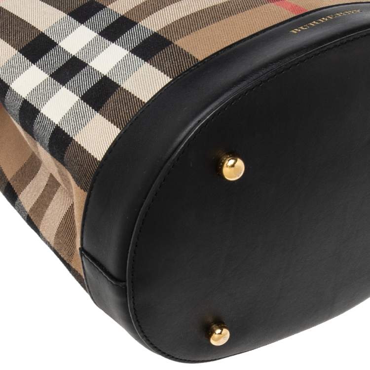 Pre Owned Burberry Black/Beige House Check Canvas and Leather Bucket Bag
