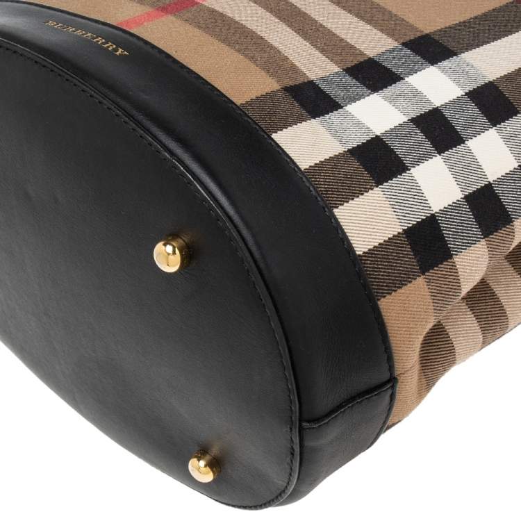 Pre Owned Burberry Black/Beige House Check Canvas and Leather Bucket Bag