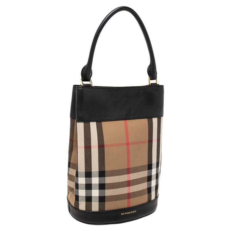 Pre Owned Burberry Black/Beige House Check Canvas and Leather Bucket Bag