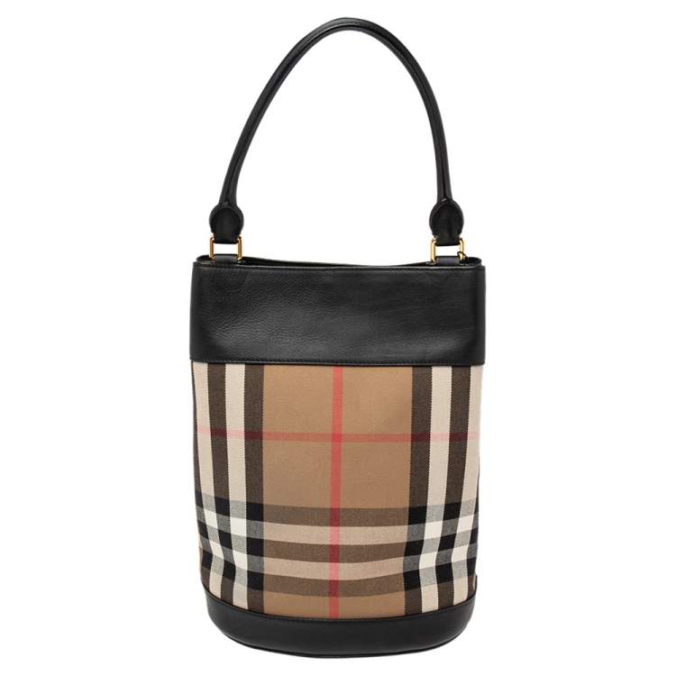 Pre Owned Burberry Black/Beige House Check Canvas and Leather Bucket Bag