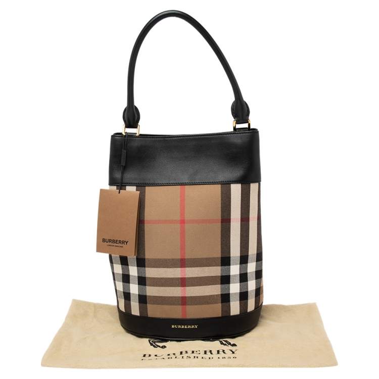 Pre Owned Burberry Black/Beige House Check Canvas and Leather Bucket Bag