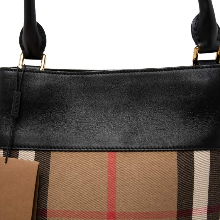 Pre Owned Burberry Black/Beige House Check Canvas and Leather Bucket Bag