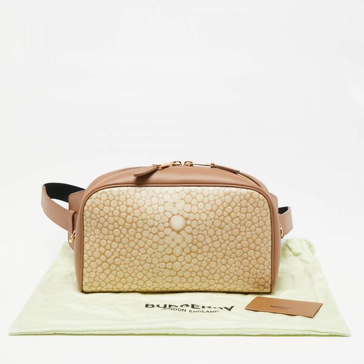 Pre Owned Burberry Beige Stingray Print Coated Canvas and Leather Cube Belt Bag