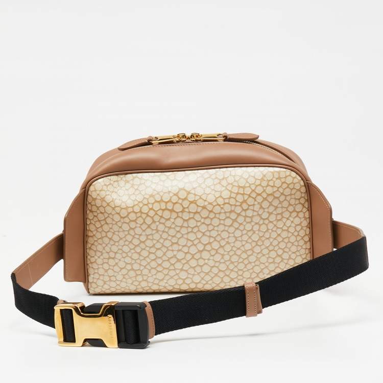 Pre Owned Burberry Beige Stingray Print Coated Canvas and Leather Cube Belt Bag