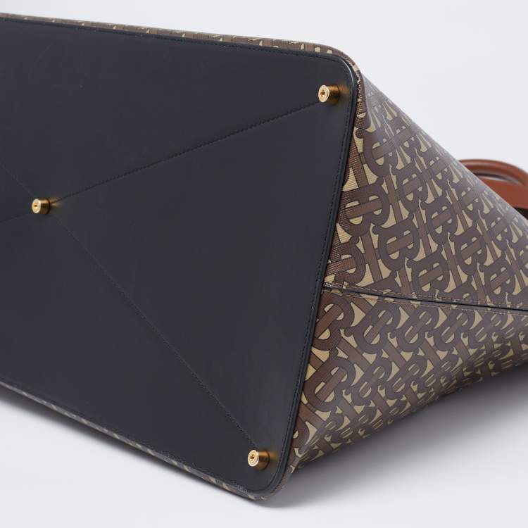 Pre Owned Burberry Brown TB Monogram Coated Canvas and Leather Extra Large Society Top Handle Bag