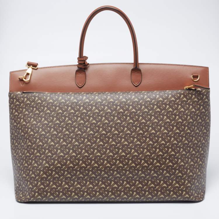 Pre Owned Burberry Brown TB Monogram Coated Canvas and Leather Extra Large Society Top Handle Bag