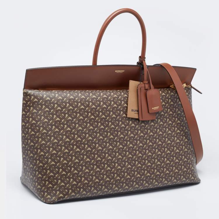 Pre Owned Burberry Brown TB Monogram Coated Canvas and Leather Extra Large Society Top Handle Bag