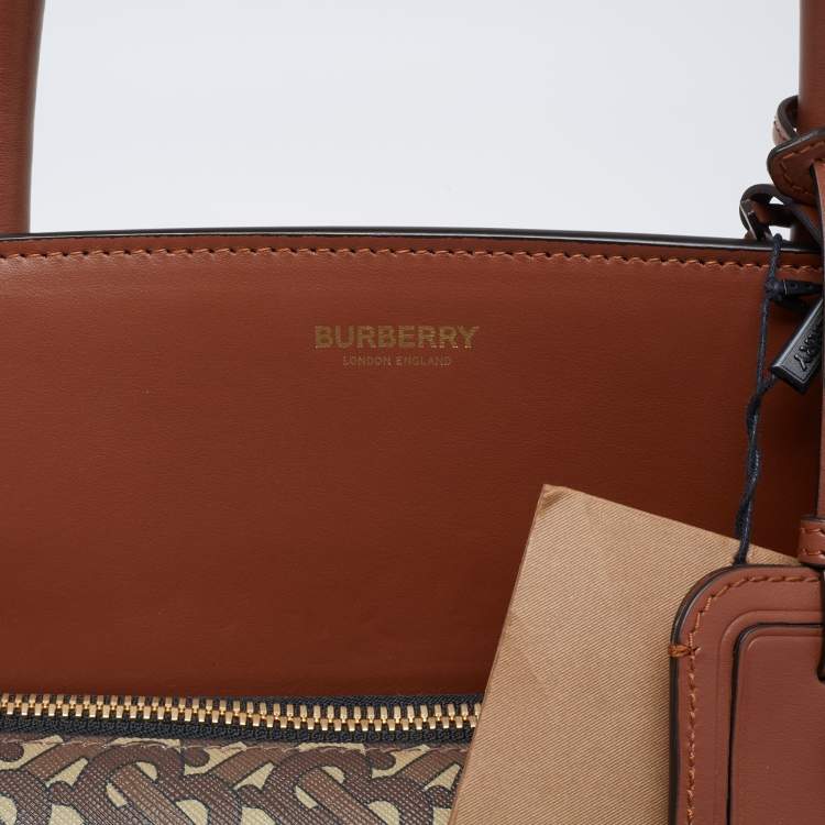 Pre Owned Burberry Brown TB Monogram Coated Canvas and Leather Extra Large Society Top Handle Bag