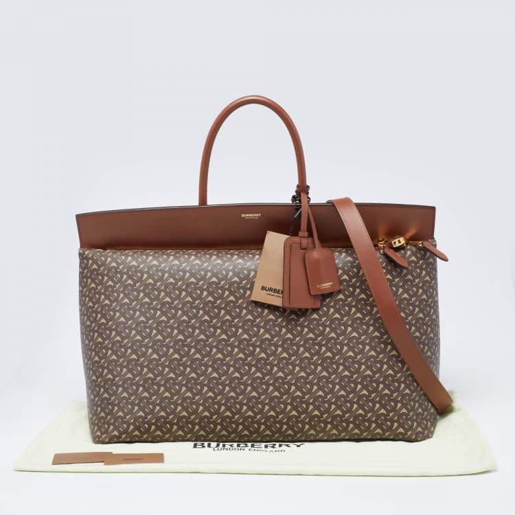 Pre Owned Burberry Brown TB Monogram Coated Canvas and Leather Extra Large Society Top Handle Bag