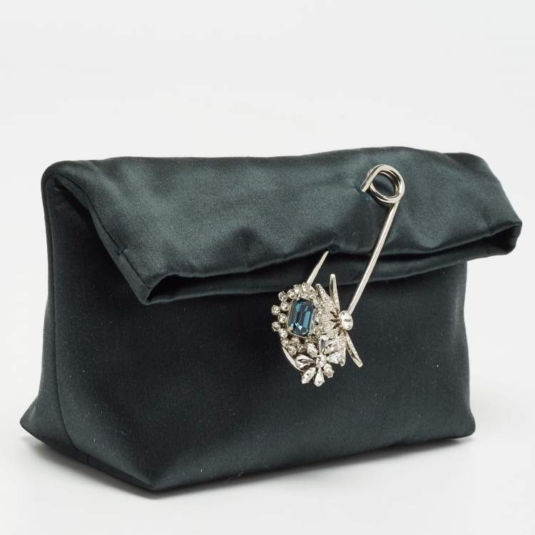 Pre Owned Burberry Dark Green Satin Crystal Embellished Pin Clutch