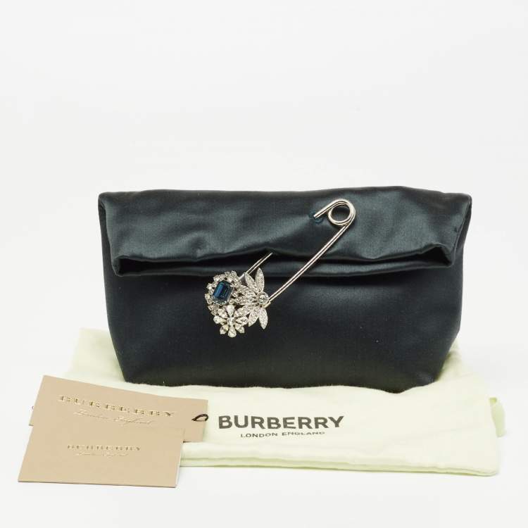 Pre Owned Burberry Dark Green Satin Crystal Embellished Pin Clutch