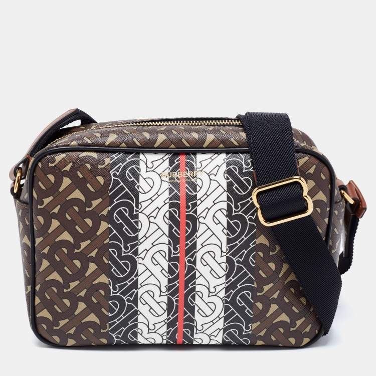 Pre Owned Burberry Brown Monogram Coated Canvas Stripe Crossbody Bag