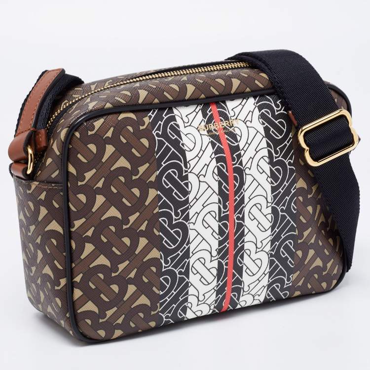 Pre Owned Burberry Brown Monogram Coated Canvas Stripe Crossbody Bag