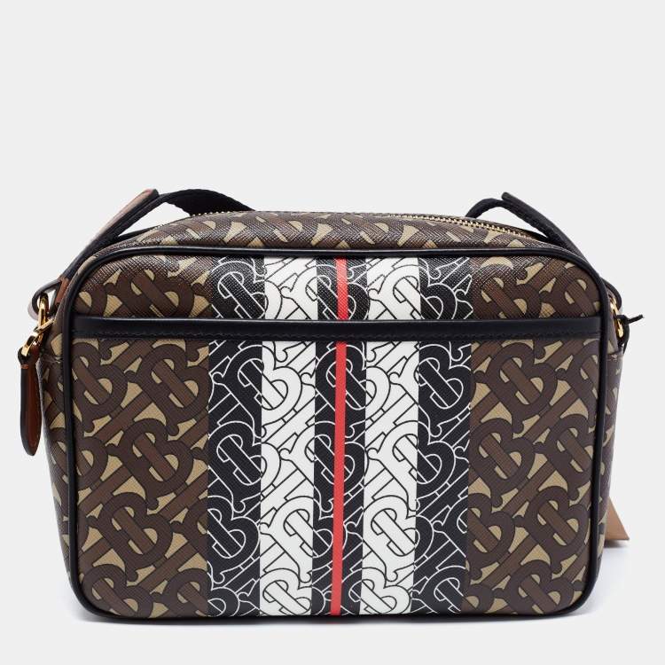 Pre Owned Burberry Brown Monogram Coated Canvas Stripe Crossbody Bag