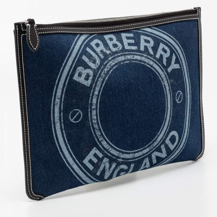 Pre Owned Burberry Blue/Black Denim And Leather Logo Graphic Zip Pouch