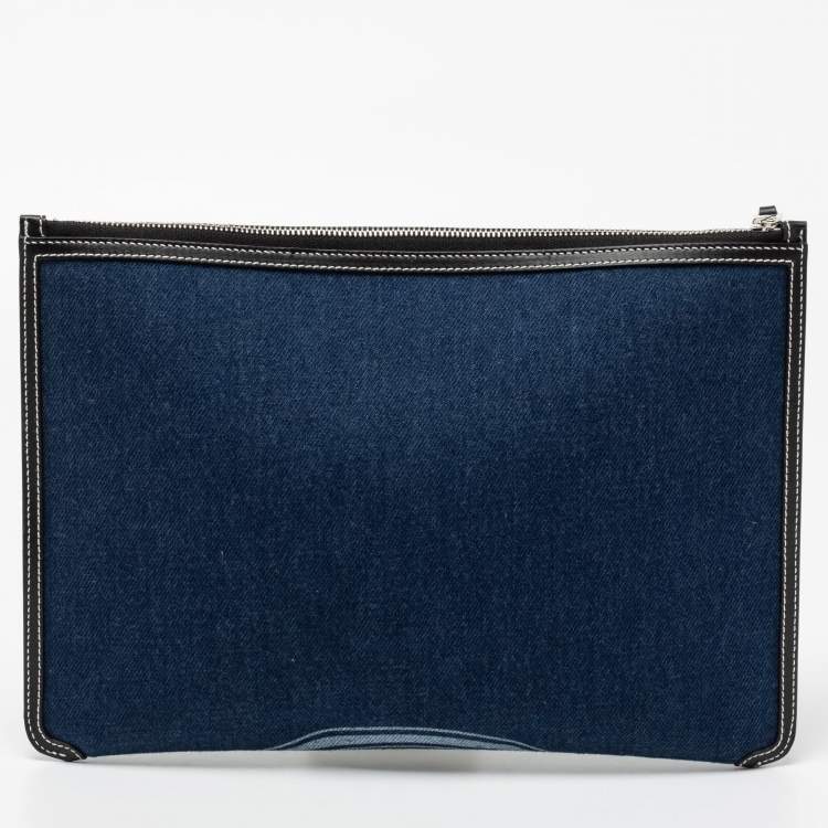 Pre Owned Burberry Blue/Black Denim And Leather Logo Graphic Zip Pouch
