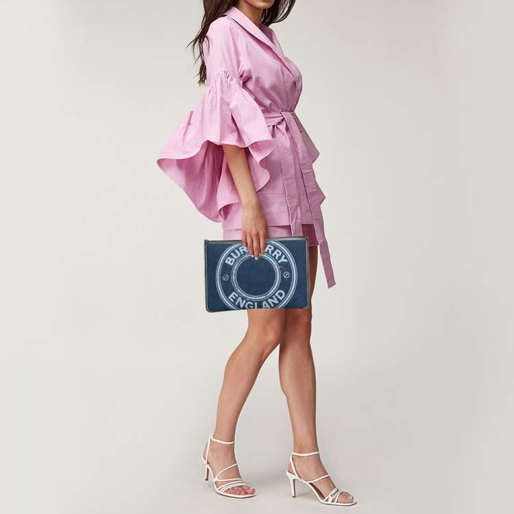 Pre Owned Burberry Blue/Black Denim And Leather Logo Graphic Zip Pouch