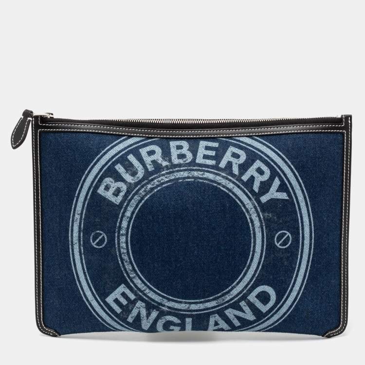 Pre Owned Burberry Blue/Black Denim And Leather Logo Graphic Zip Pouch