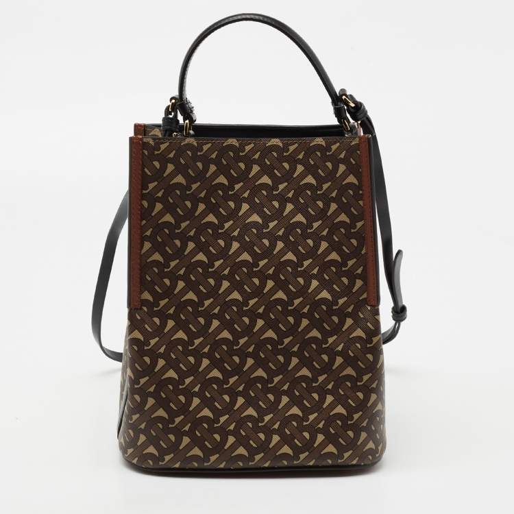 Pre Owned Burberry Brown TB Monogram Coated Canvas and Leather Small Peggy Bucket Bag 