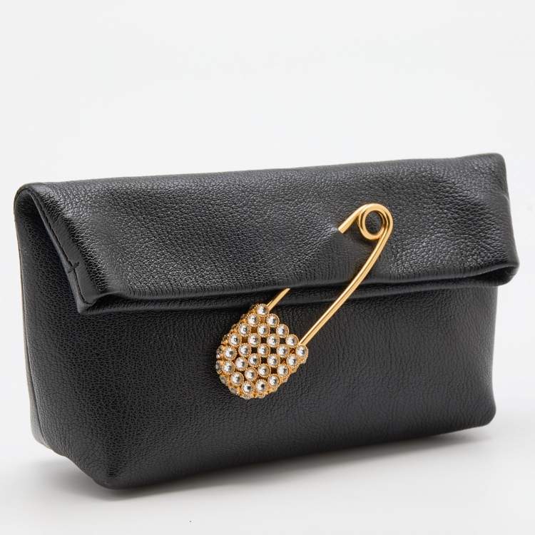Pre Owned Burberry Black Leather Crystal Embellished Pin Clutch