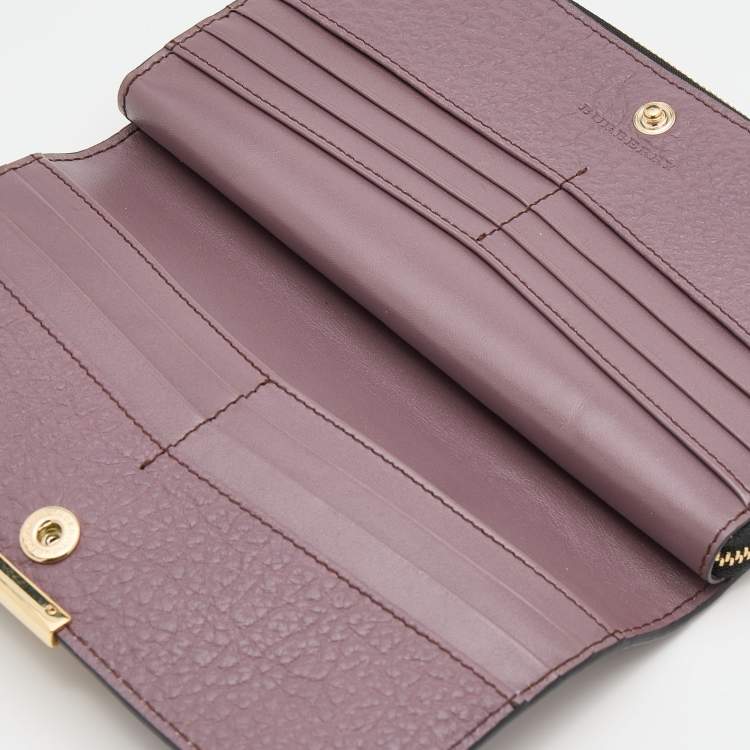 Pre Owned Burberry Purple Textured Leather Zip Around Compact Wallet