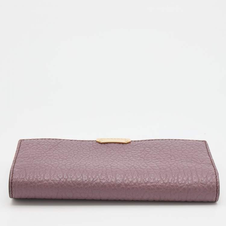 Pre Owned Burberry Purple Textured Leather Zip Around Compact Wallet