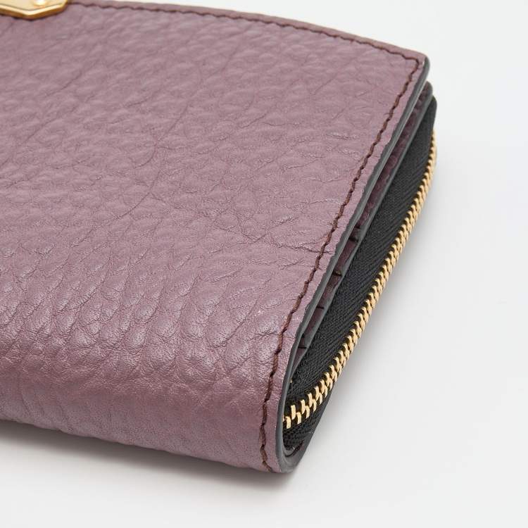 Pre Owned Burberry Purple Textured Leather Zip Around Compact Wallet