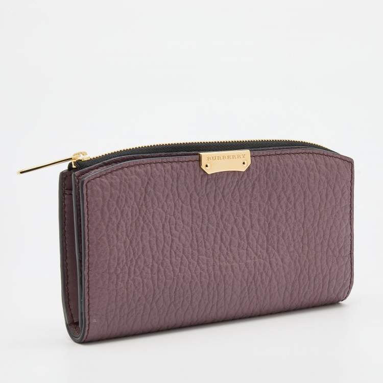 Pre Owned Burberry Purple Textured Leather Zip Around Compact Wallet