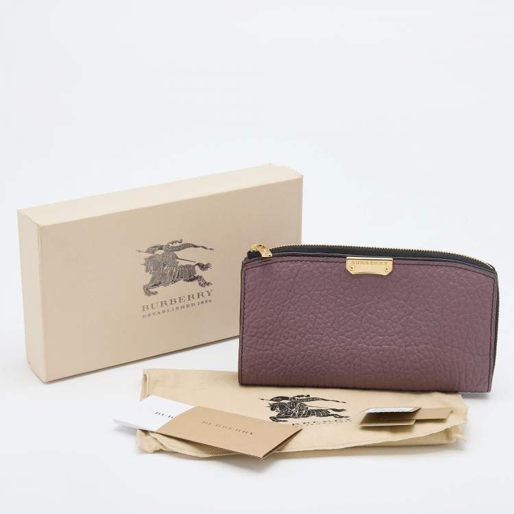 Pre Owned Burberry Purple Textured Leather Zip Around Compact Wallet