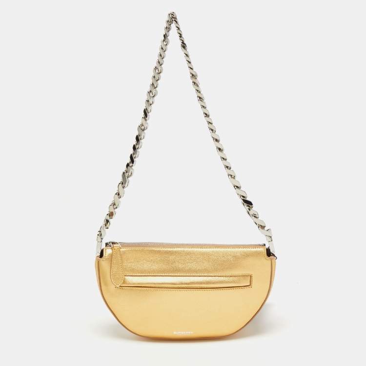 Pre Owned Burberry Metallic Gold Leather Mini Olympia Zip Chain Bag