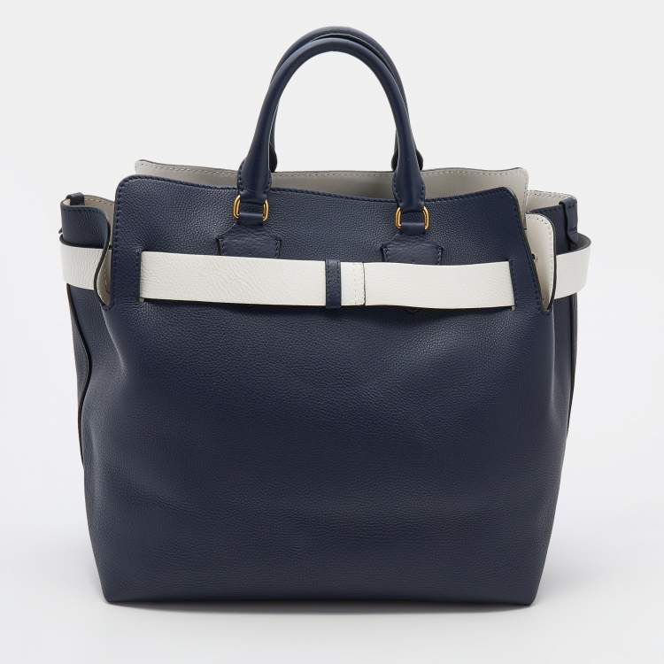 Pre Owned Burberry Navy Blue/White Leather Large Belt Bag