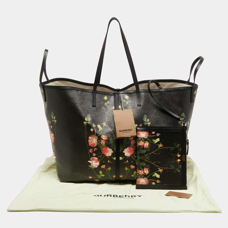 Pre Owned Burberry Black Floral Print Coated Canvas XL Beach Tote