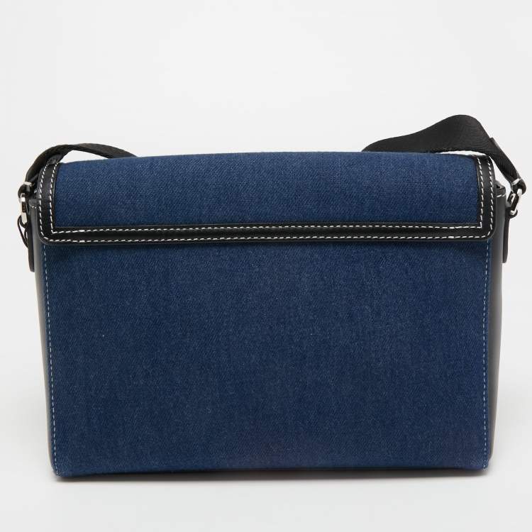 Pre Owned Burberry Blue/Black Denim And Leather Medium Note Logo Print Crossbody Bag